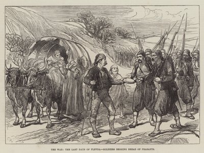 La guerre, les derniers jours de Plevna, soldats mendiant du pain aux paysans - Sir John Charles Robinson